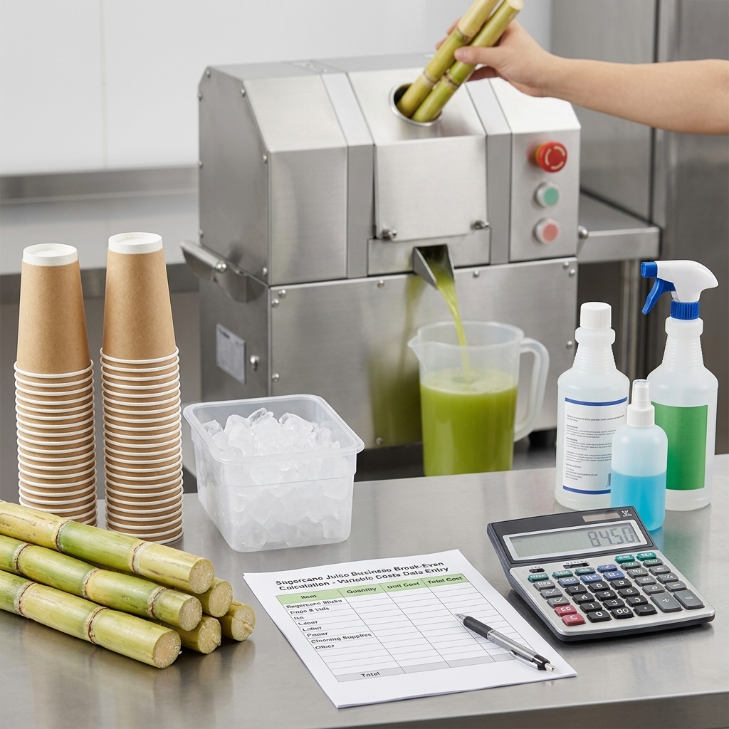 Sugarcane juice business cost inputs arranged for a break-even calculation