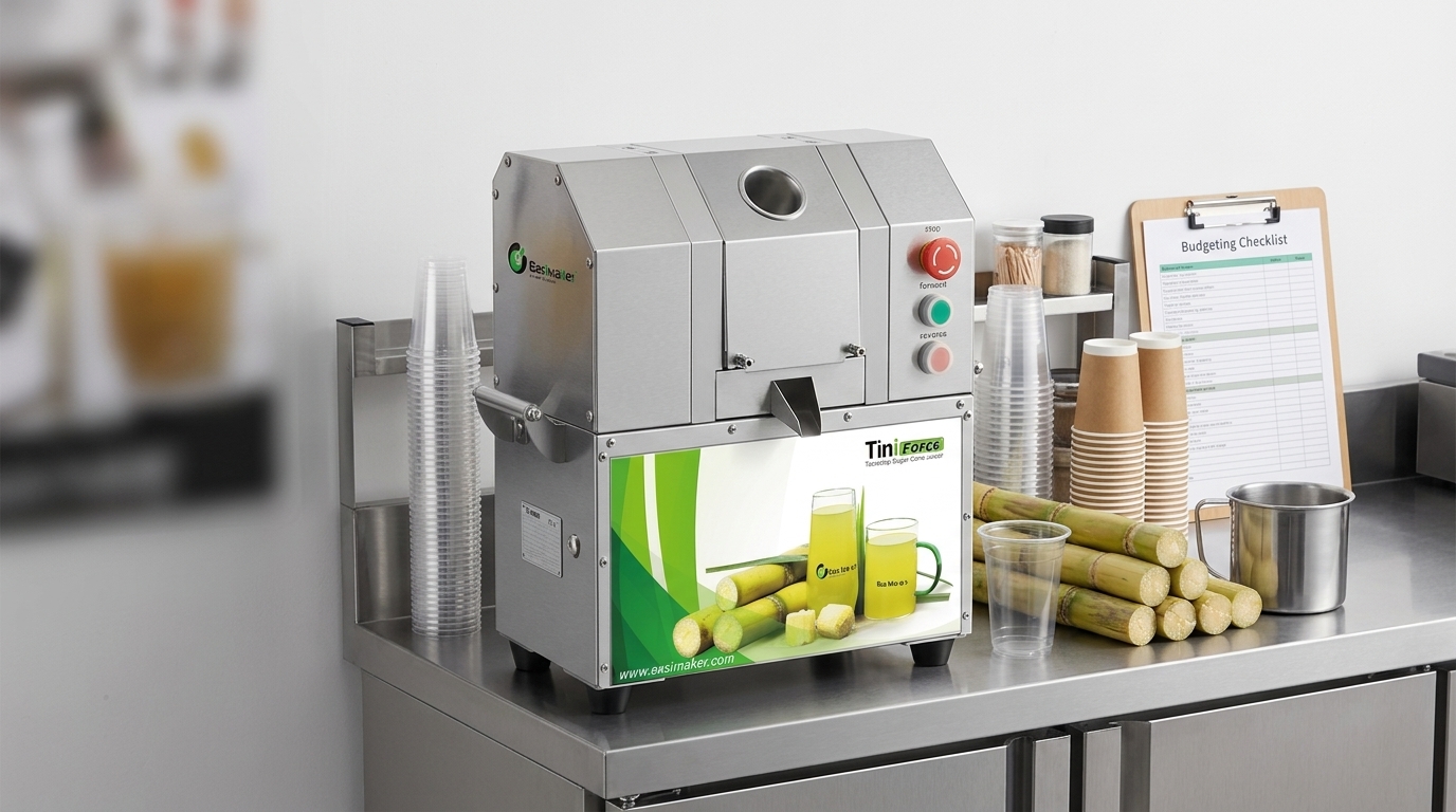 Commercial sugarcane juicer on a compact juice business counter