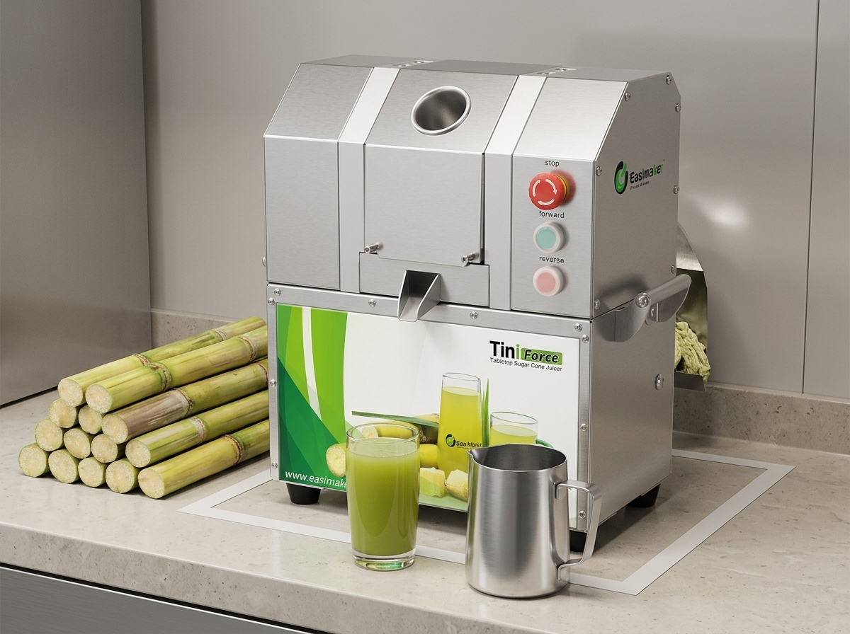 Commercial sugarcane juicer positioned on a measured service counter