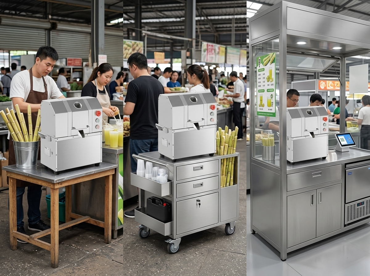 Market stall, mobile cart, and kiosk formats for a sugarcane juice business