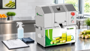 Commercial sugarcane juice machine prepared for preventive maintenance on a clean shop counter
