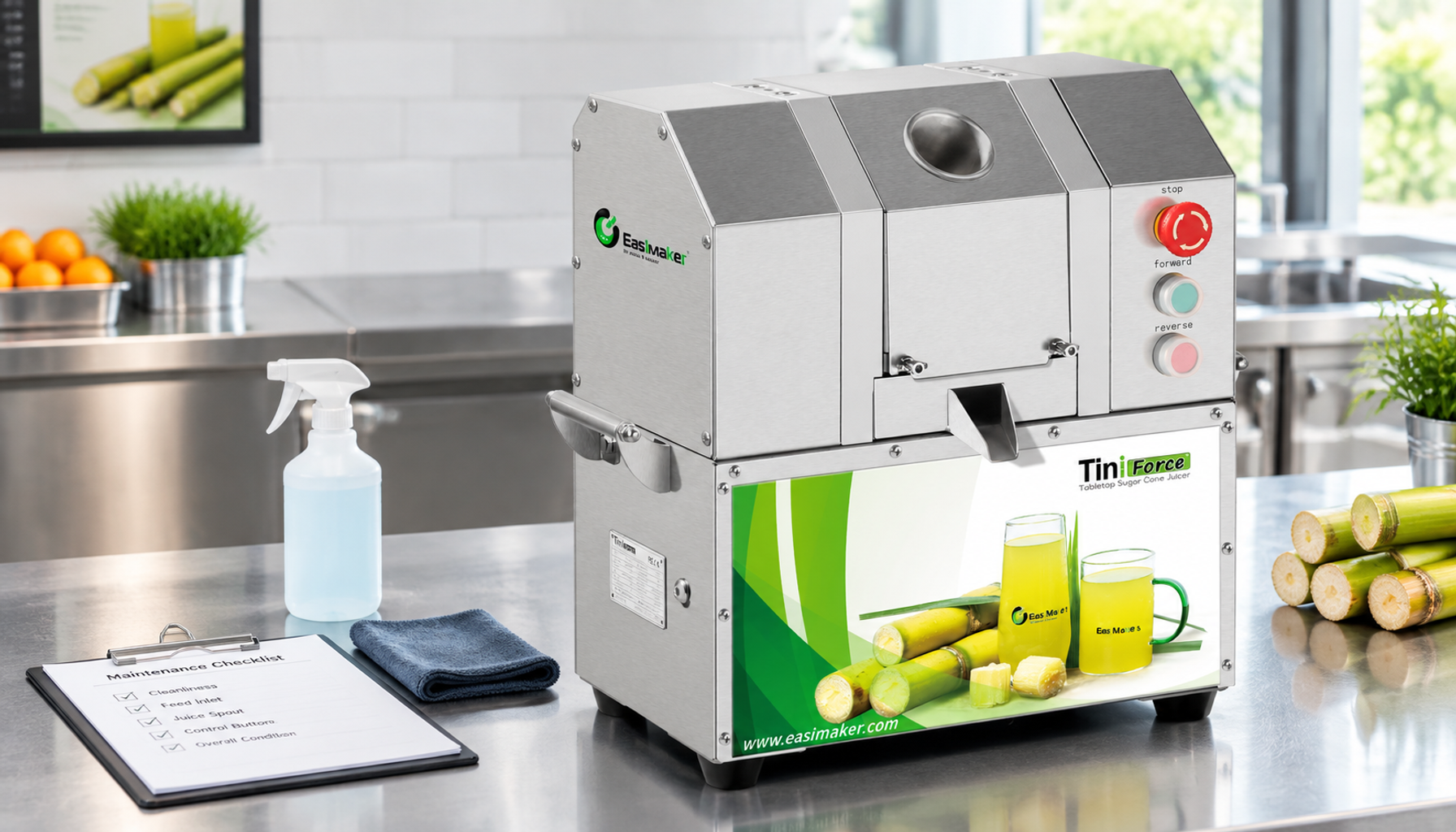 Commercial sugarcane juice machine prepared for preventive maintenance on a clean shop counter
