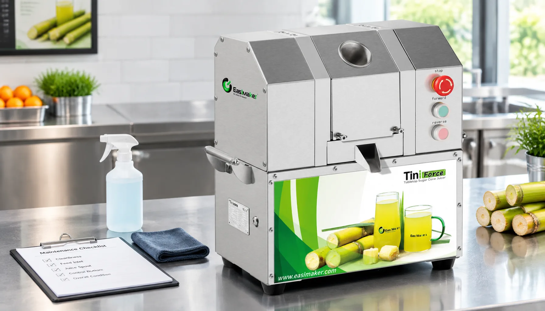 Commercial sugarcane juice machine prepared for preventive maintenance on a clean shop counter