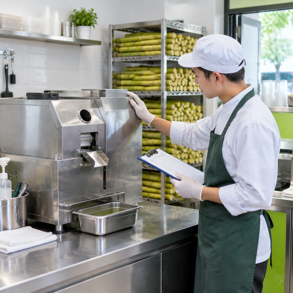 Operator completing a visual inspection of commercial sugarcane juicer before service