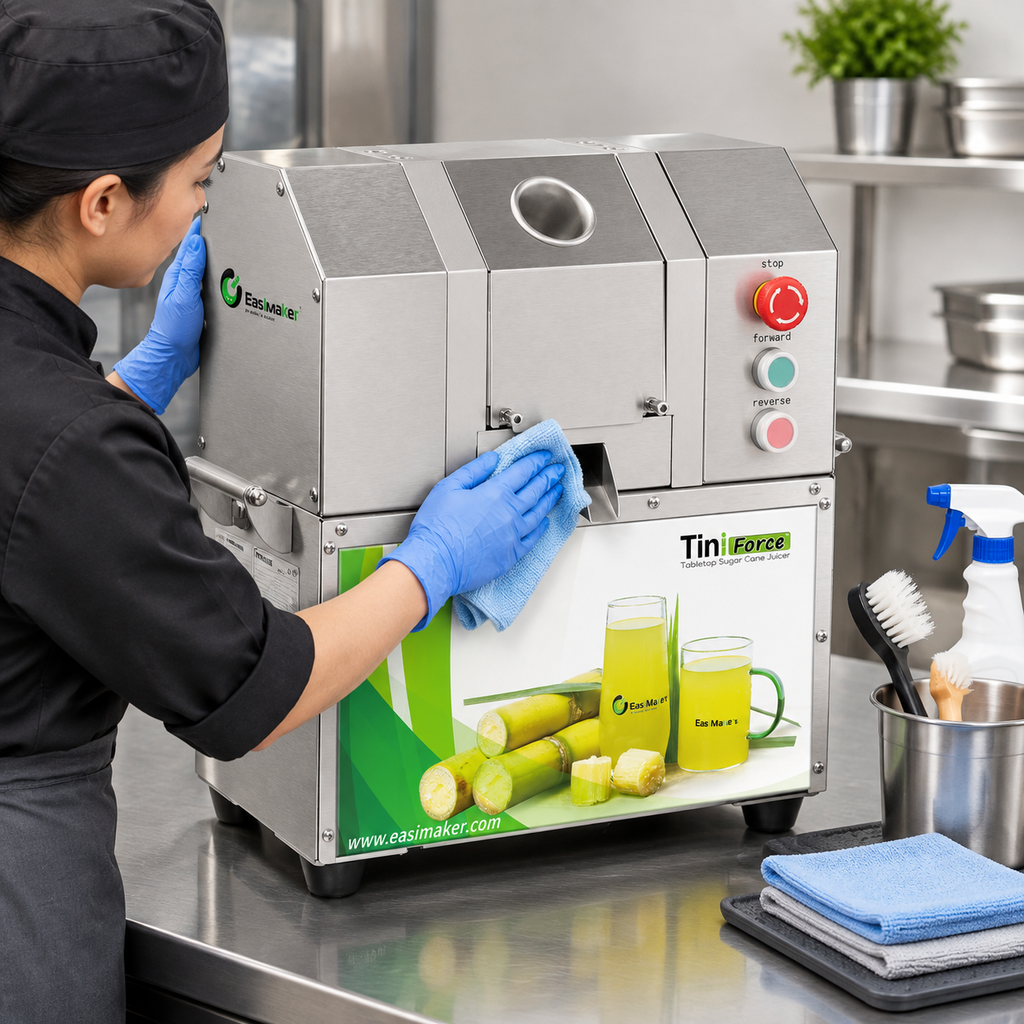 Safe end-of-day cleaning of a commercial sugarcane juice machine with power isolated