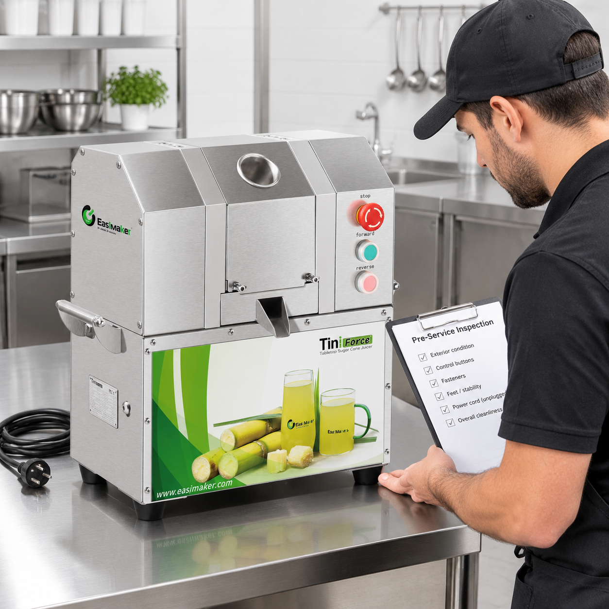 Safe exterior inspection of a commercial sugarcane juice machine before service