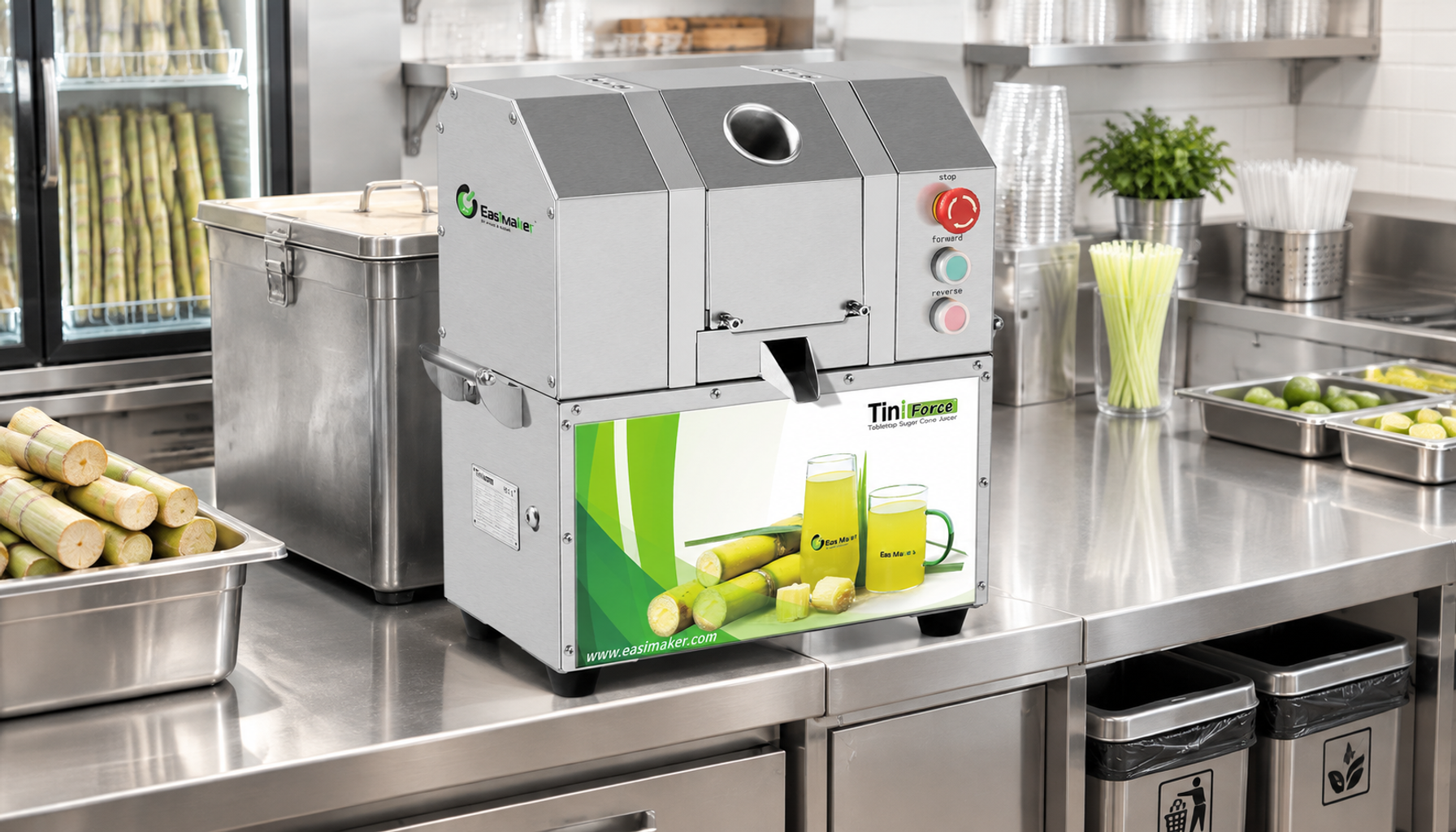 Commercial sugarcane juicer with covered bagasse collection bin for waste management
