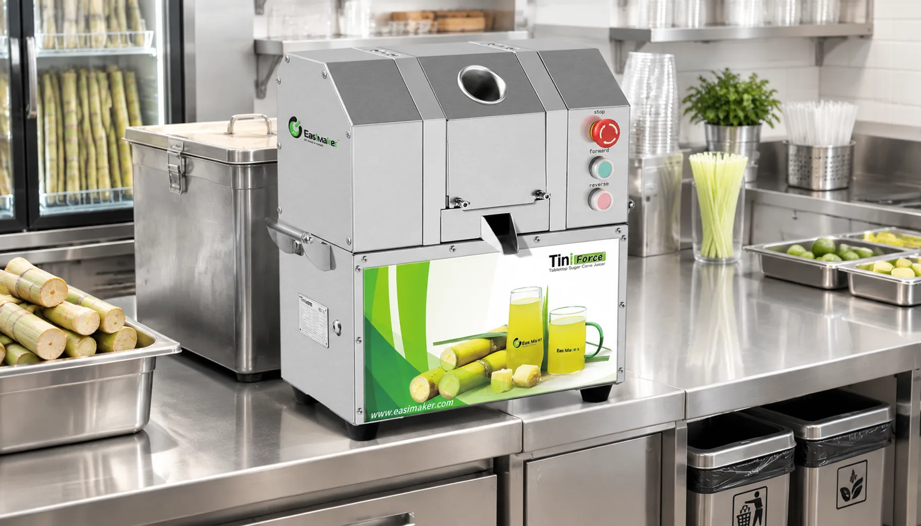 Commercial sugarcane juicer with covered bagasse collection bin for waste management
