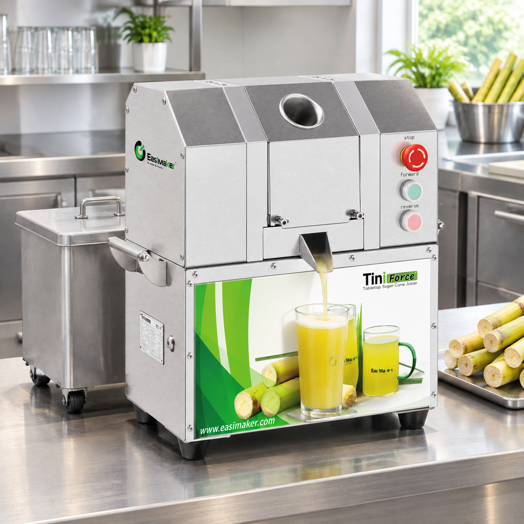 Sugarcane juicer positioned for separate juice and bagasse collection