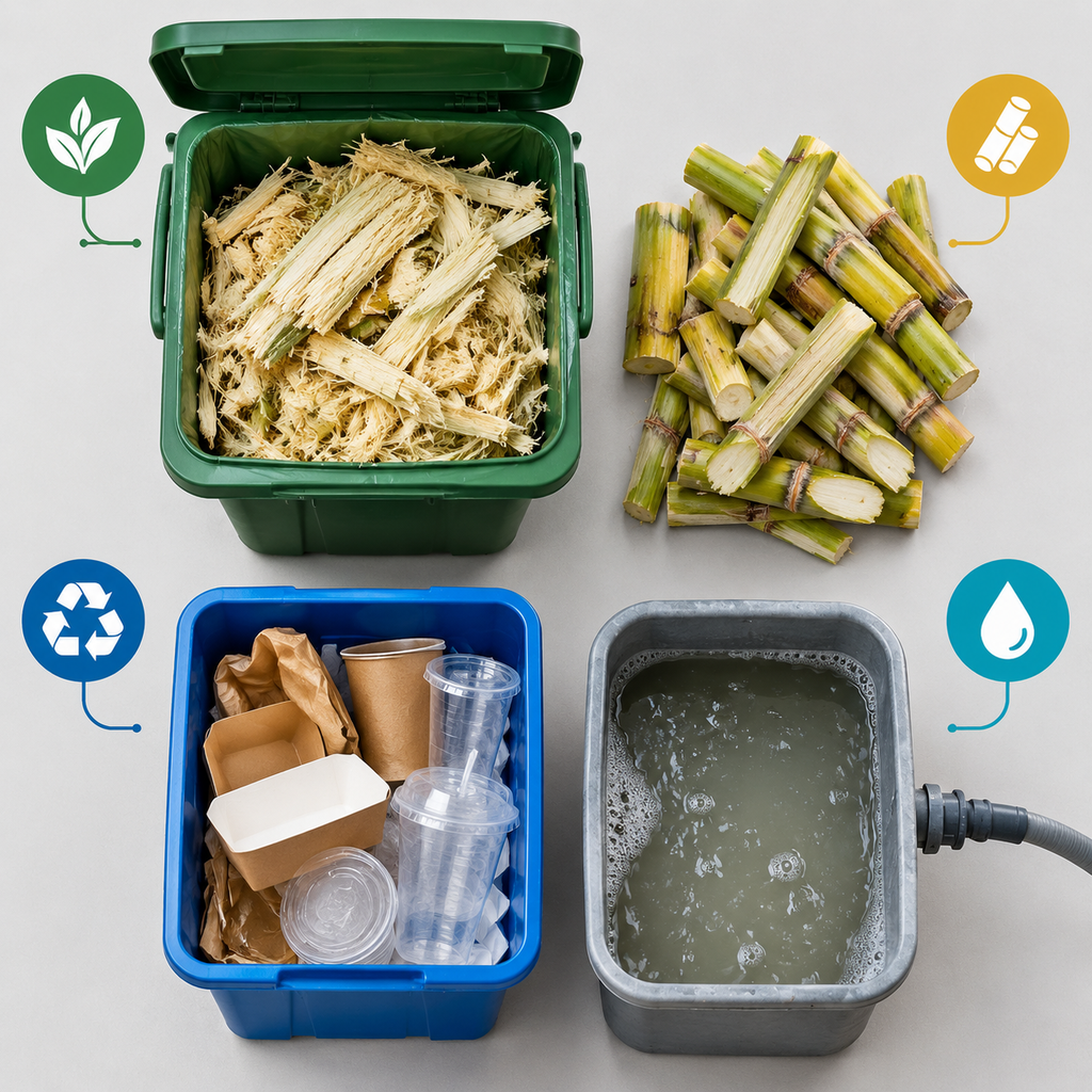 Separated bagasse, cane preparation waste, packaging, and wastewater streams