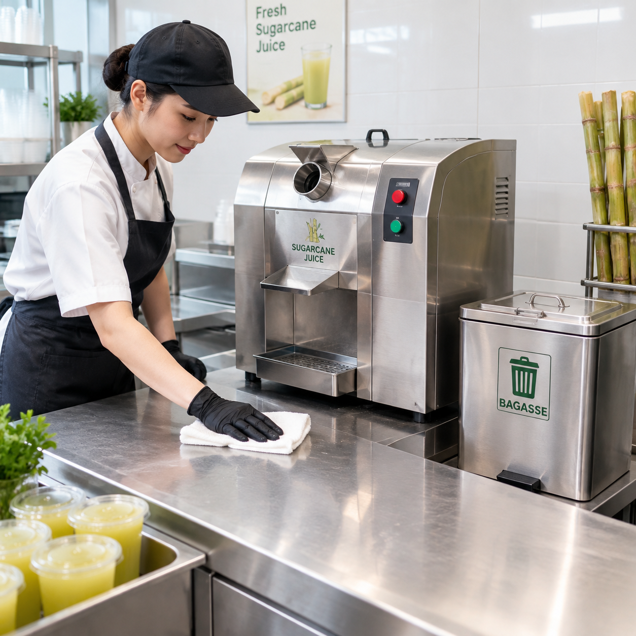Commercial sugarcane juice workstation during a safe cleanup routine
