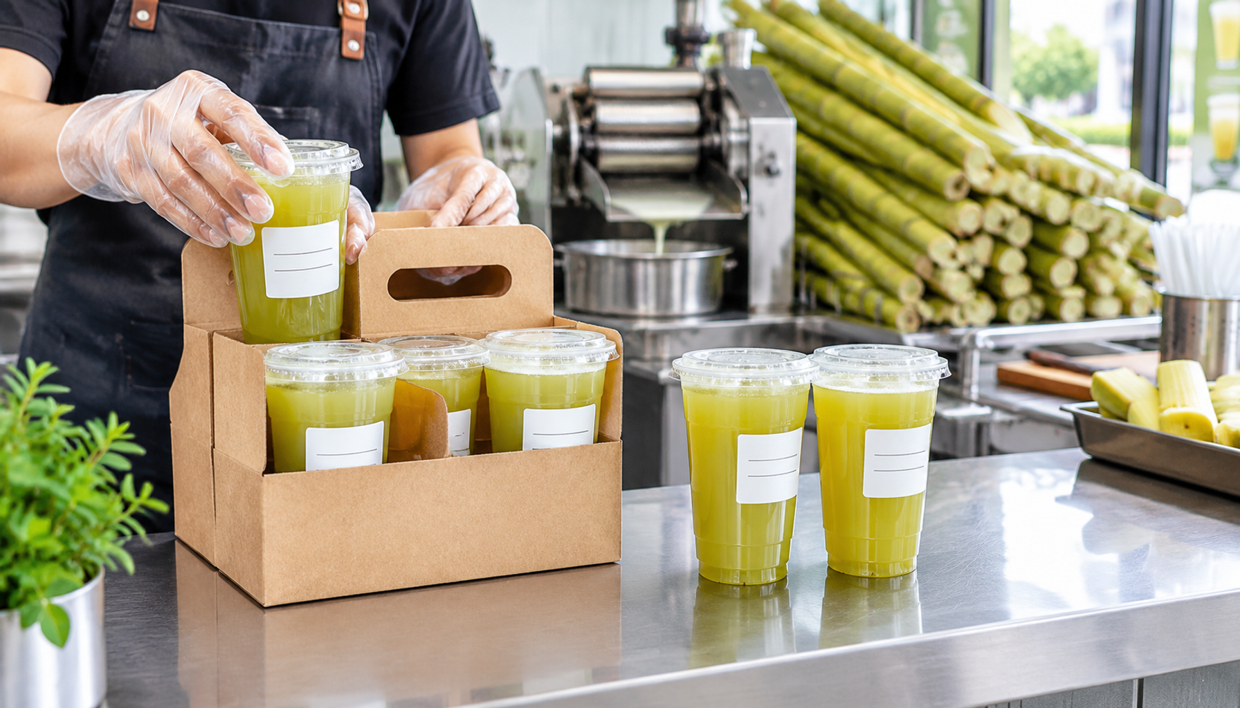Fresh sugarcane juice packed in takeaway cups with lids and an upright carrier