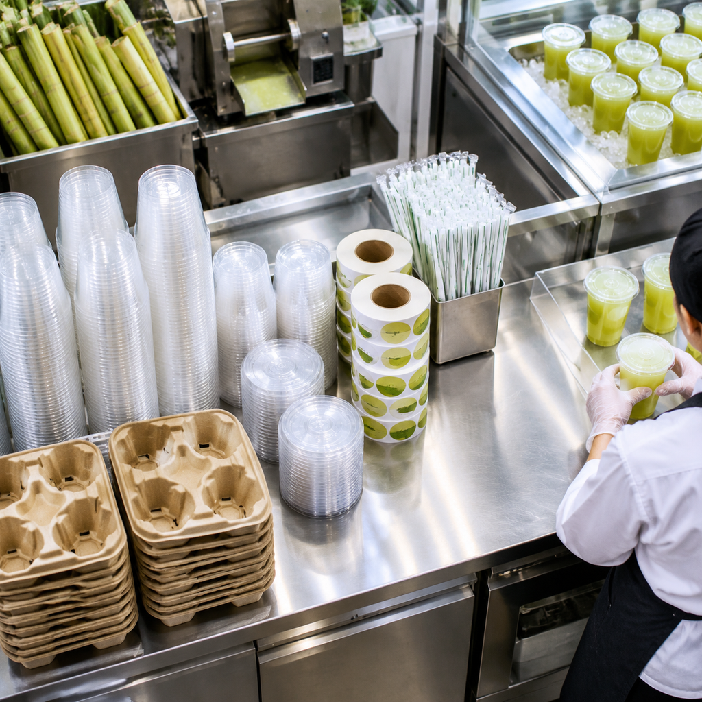 Organized packaging station for fresh sugarcane juice takeaway orders