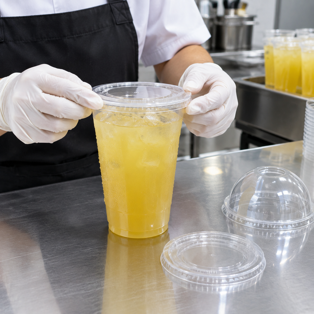 Staff member checking the lid fit on a sugarcane juice takeaway cup