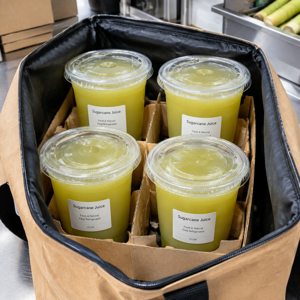 Sugarcane juice delivery cups secured upright in a compartmented carrier