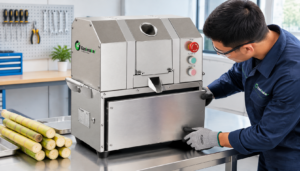 Commercial sugarcane juicer being inspected before an approved roller adjustment