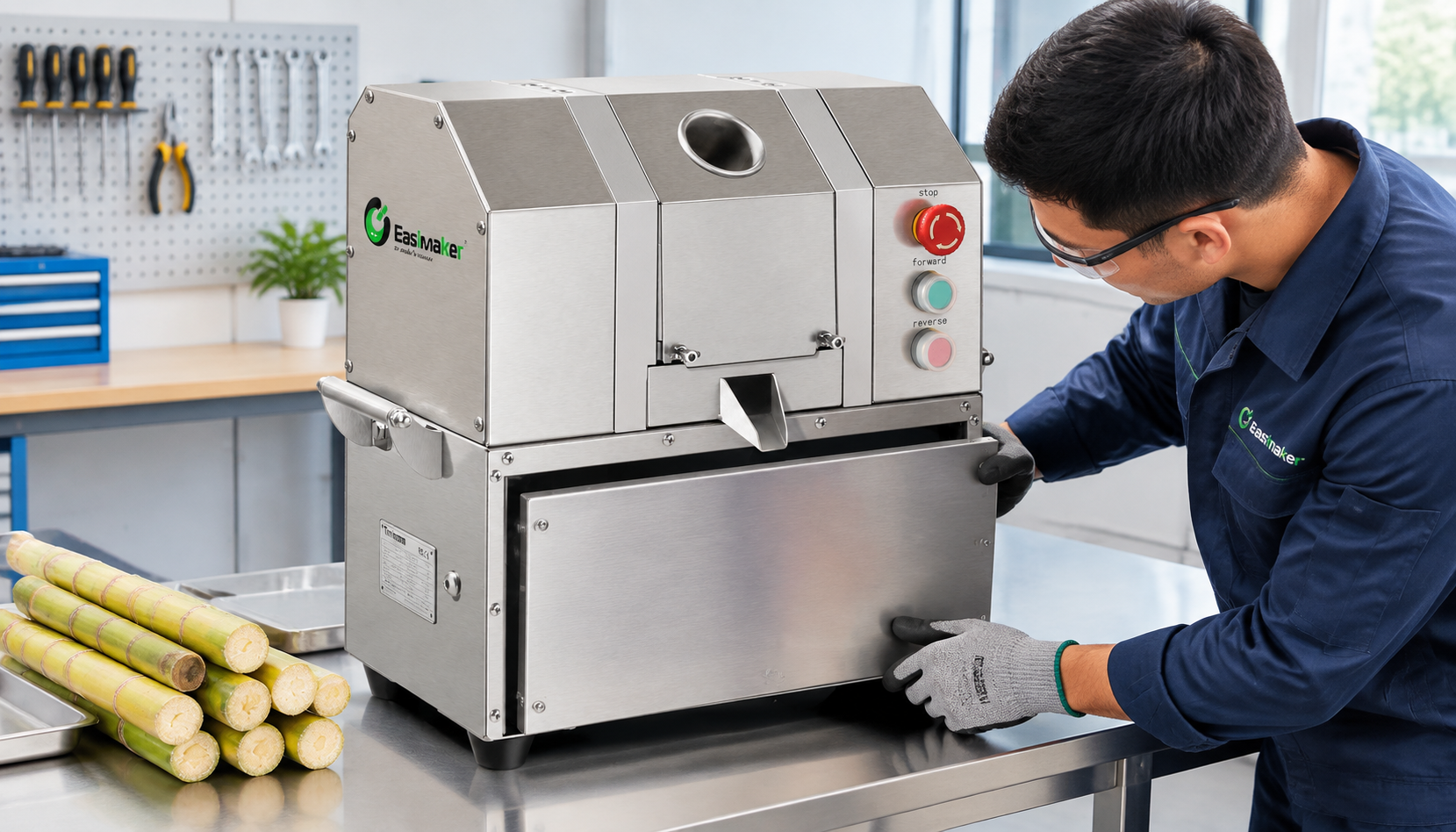 Commercial sugarcane juicer being inspected before an approved roller adjustment