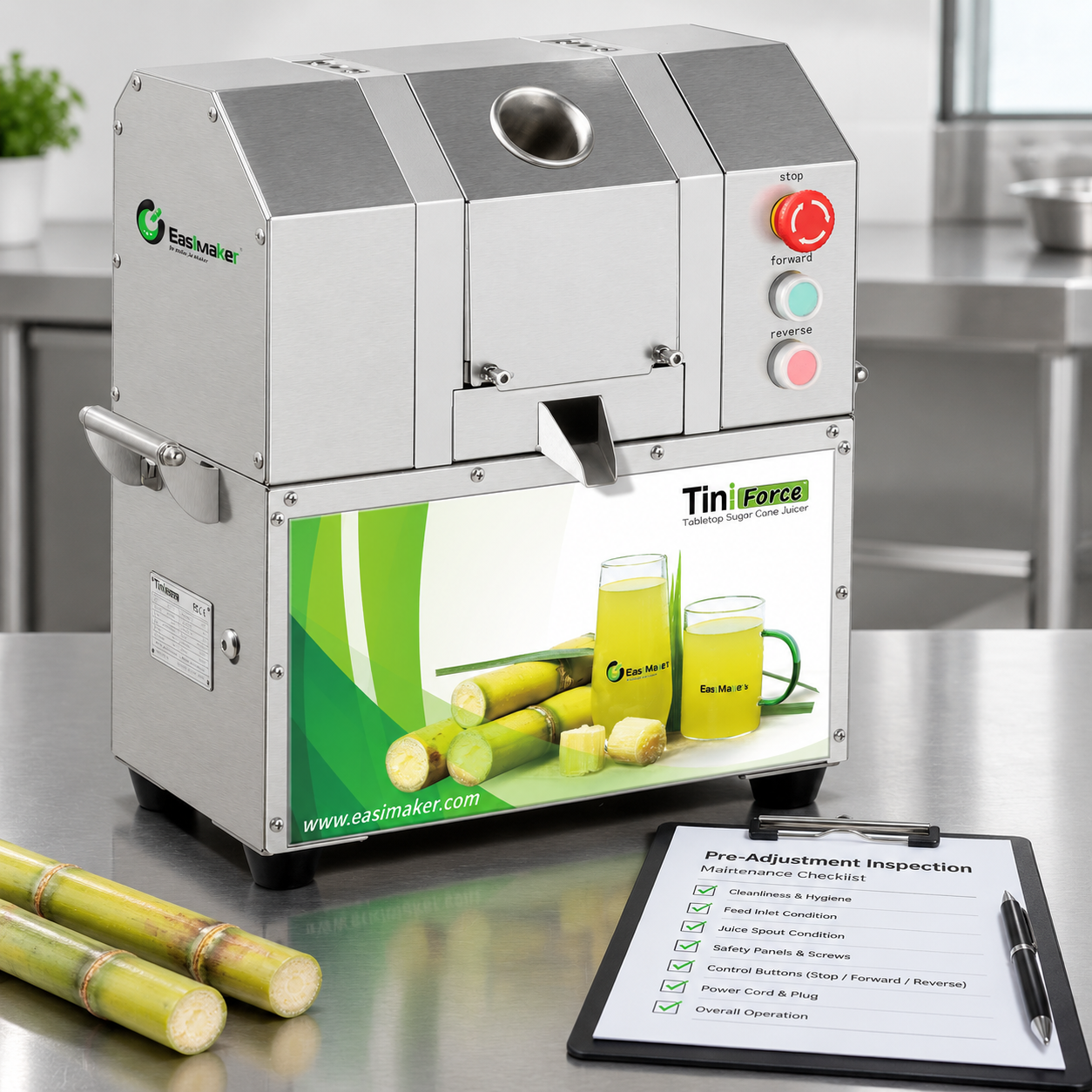 Commercial sugarcane juicer prepared for a pre-adjustment safety inspection