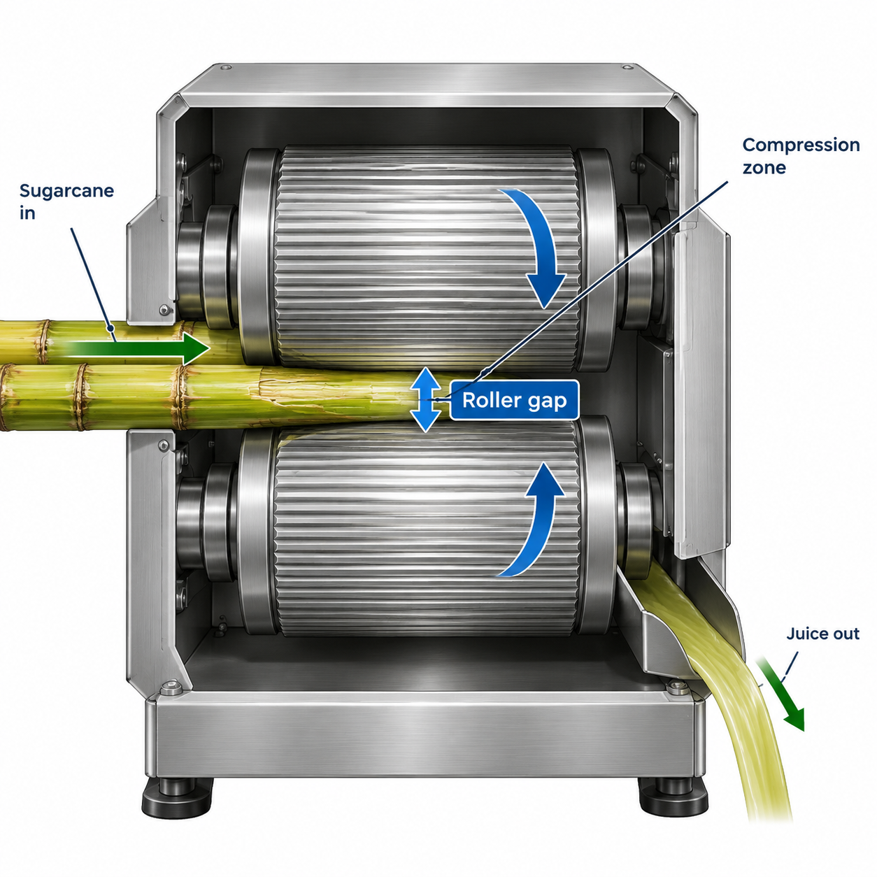 Technical illustration explaining the roller gap in a sugarcane juicer