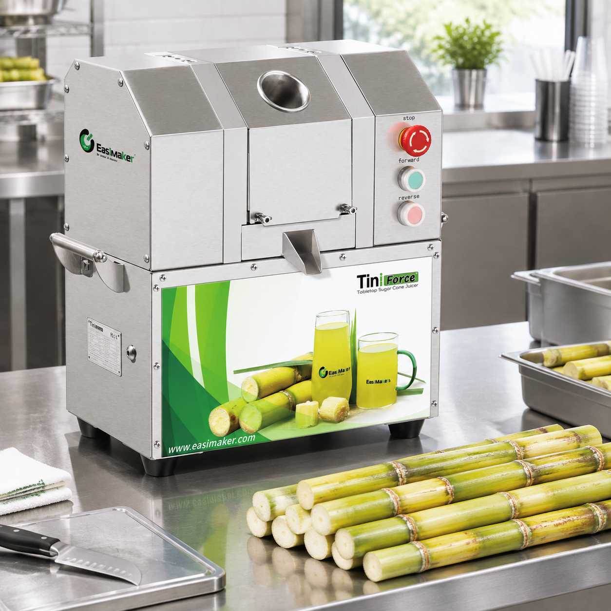 Prepared sugarcane and a clean commercial juicer before performance testing