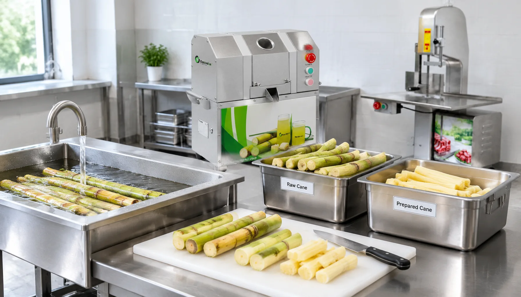Commercial sugarcane preparation station with washed cane and a juicer