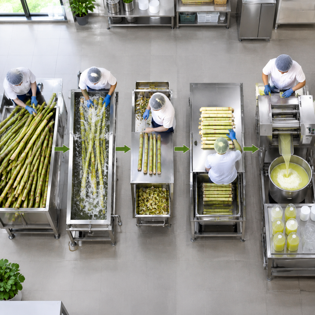 One-way commercial workflow for preparing sugarcane before juicing