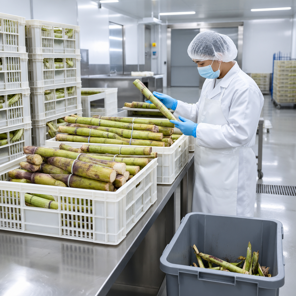Sugarcane receiving and inspection area in a commercial juice operation