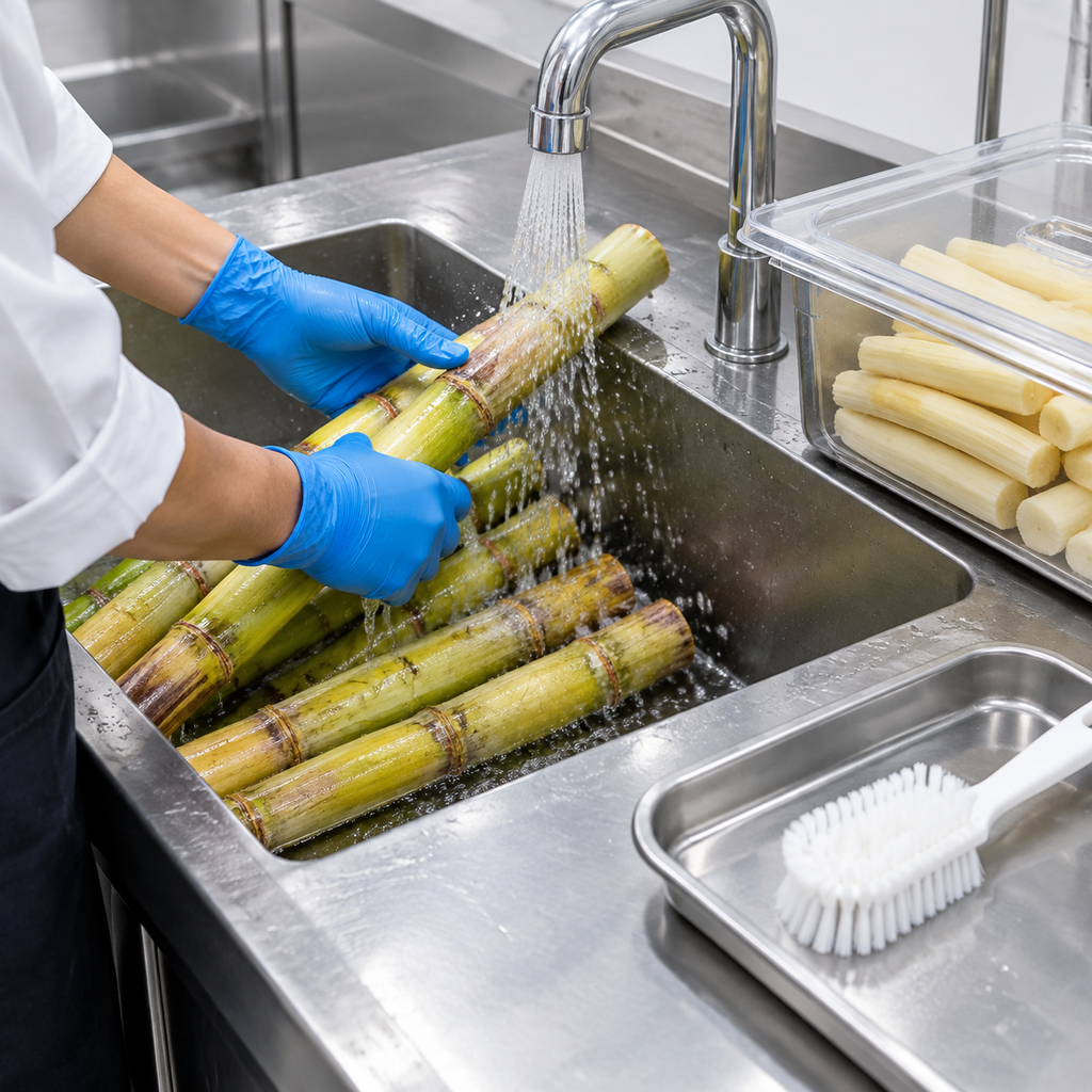 Washing and trimming sugarcane in a dedicated preparation area