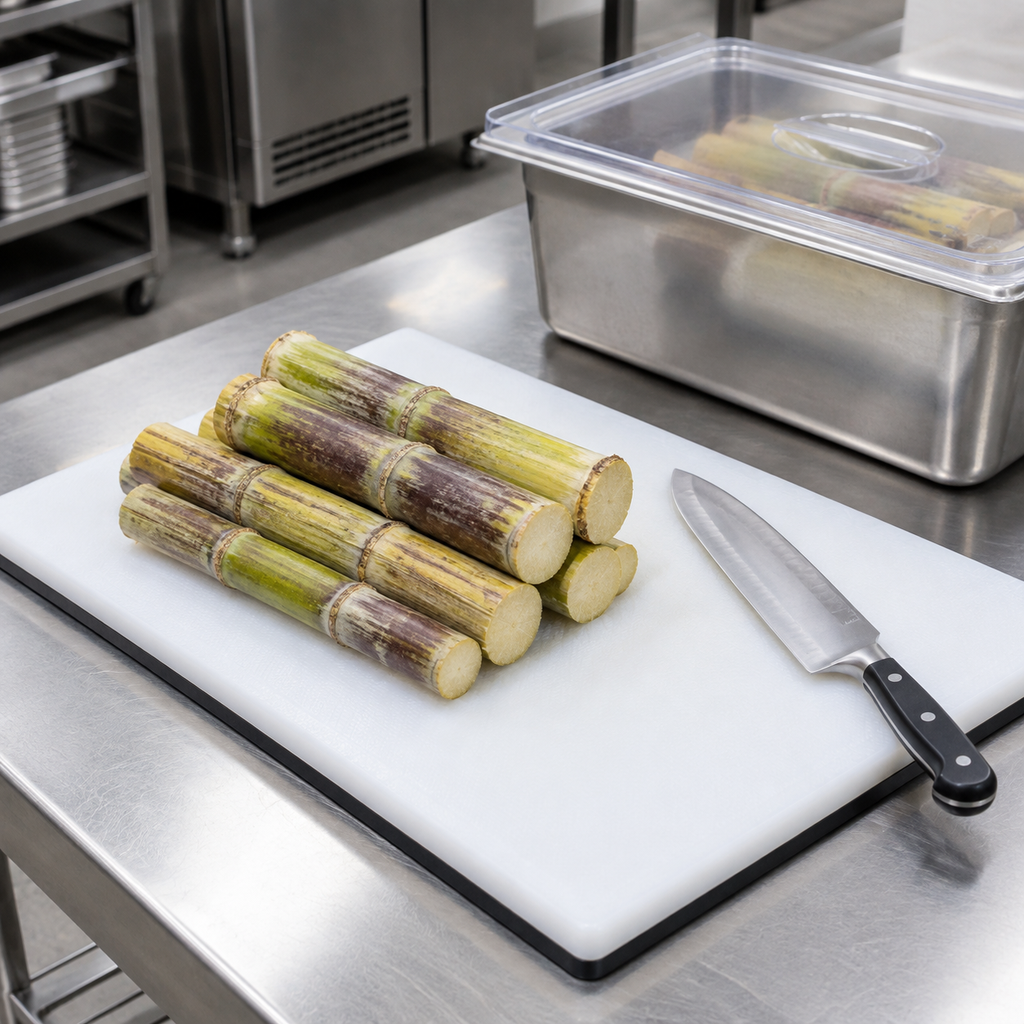 Prepared sugarcane sections and safe cutting setup for commercial juicing
