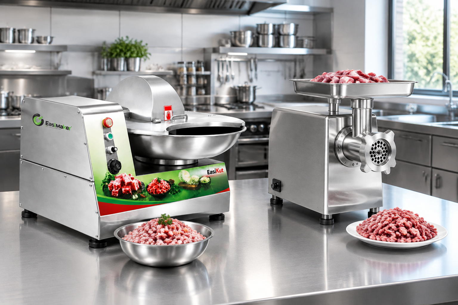 EasiKut commercial bowl cutter beside a meat grinder illustrating bowl cutter chopper vs meat grinder selection